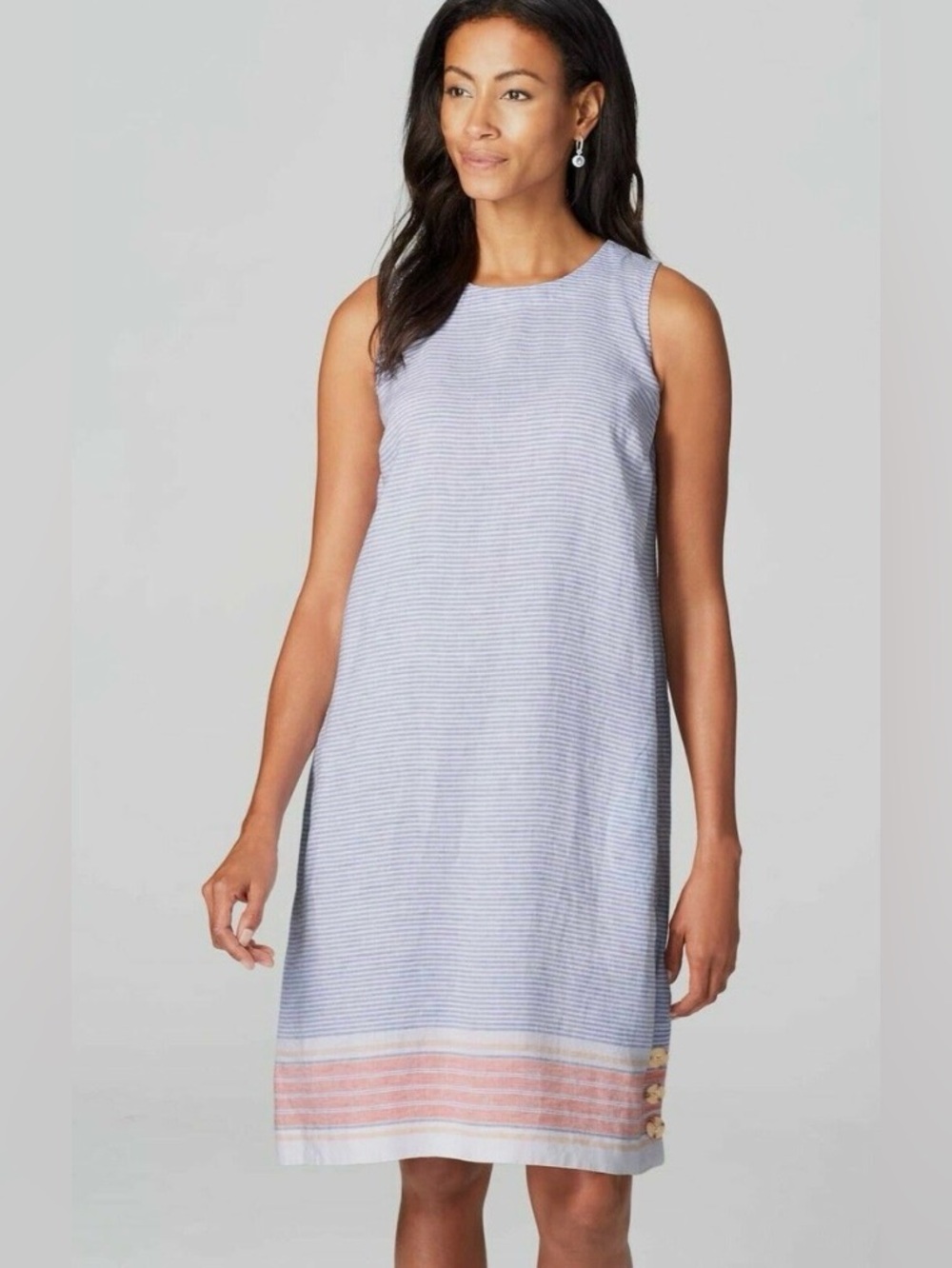 J. Jill “Love Linen” Sleeveless Stripe Shift Dress w Pink Border & Buttons @ Hem